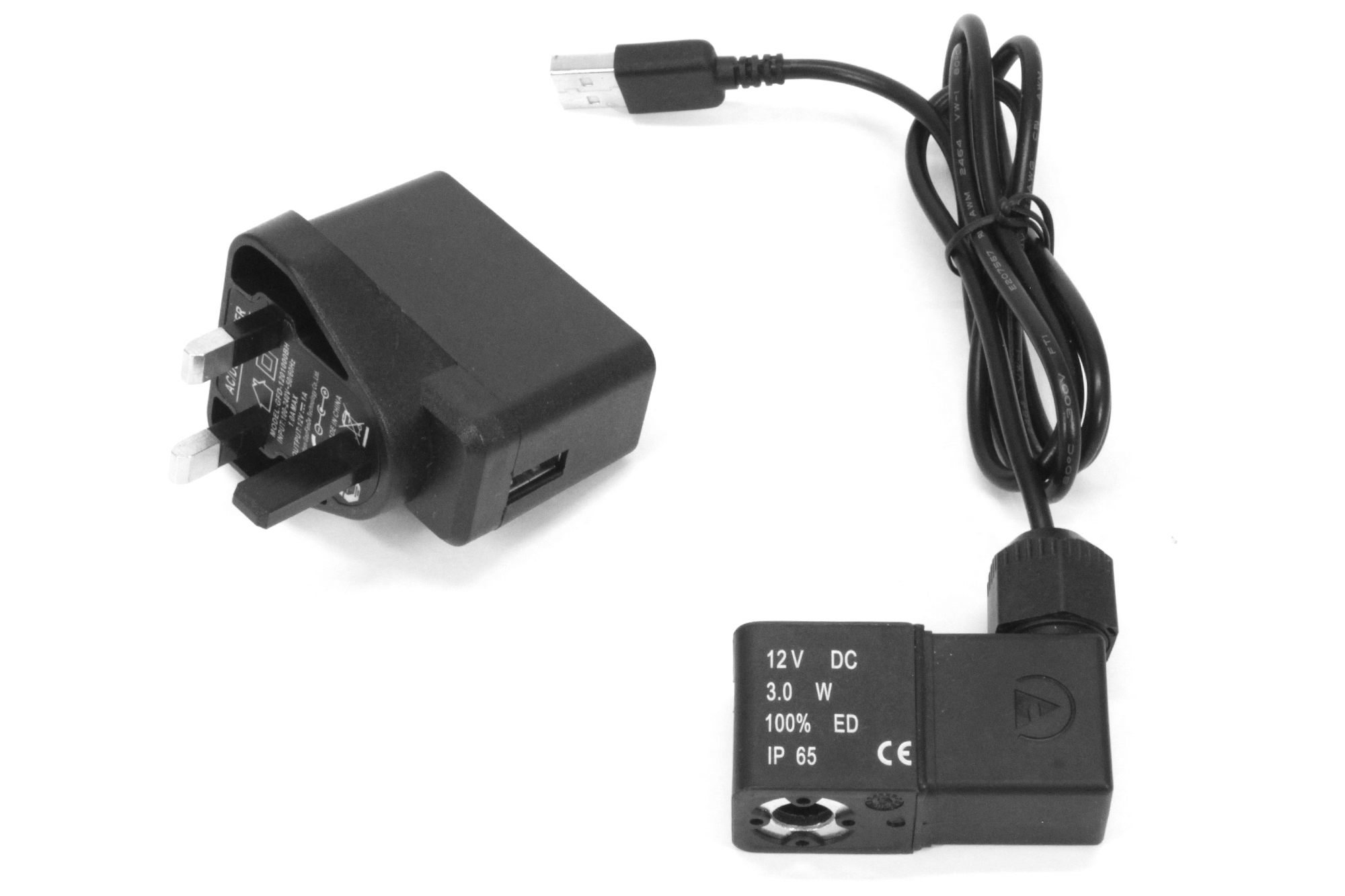 12v DC USB magnetventil og UK transformator